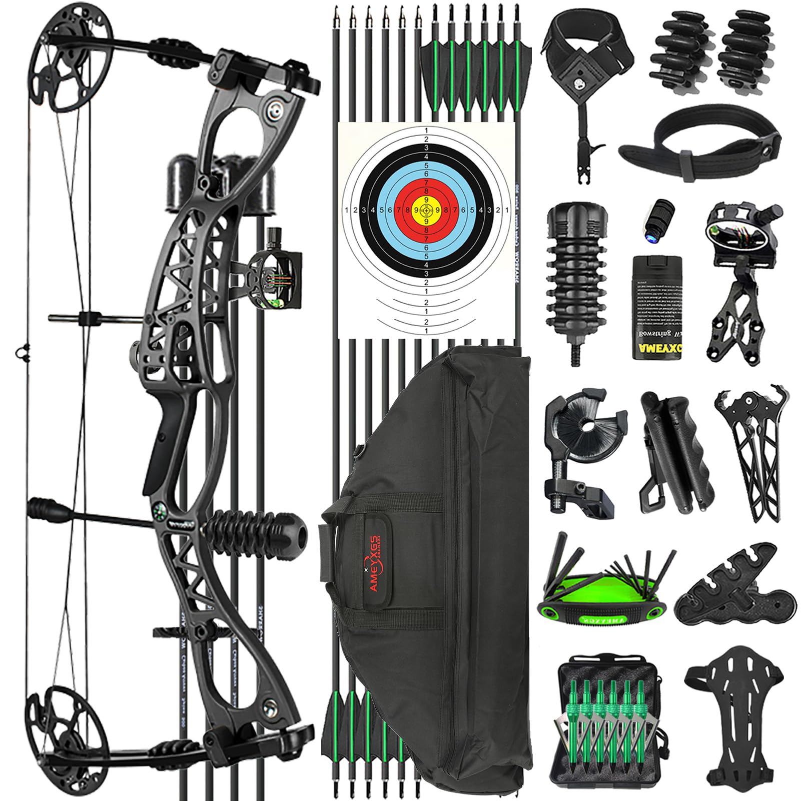 Set Arco Compound Ambidestro 0-70lbs regolabile Arco da tiro Arco da caccia Arco compound per principianti professionale adulti Kit arco compound Arco da tiro con frecce Compound bow RH/LH