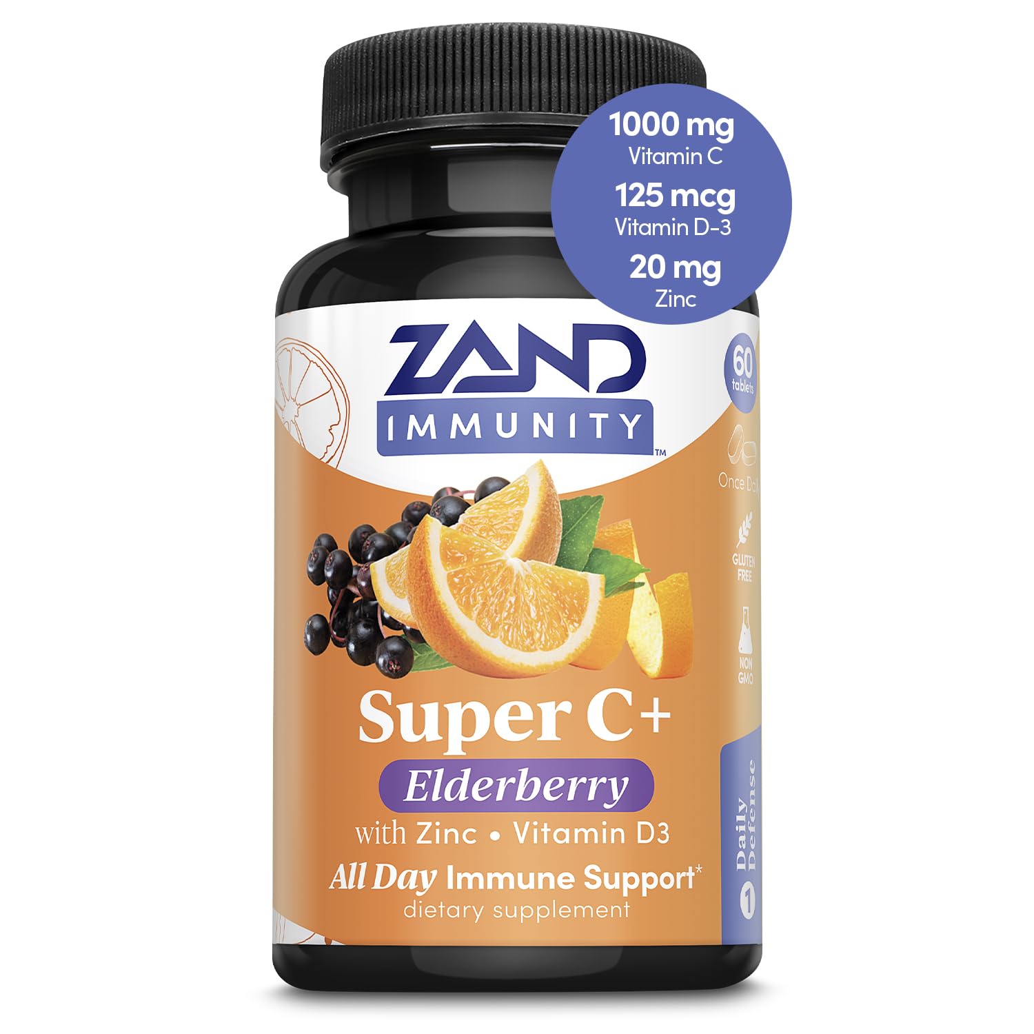ZANDImmunity Super C+ with Elderberry, All Day Immune Support, 1000mg PureWay-C Vitamin C Plus Zinc & Vitamin D-3, Enhanced Absorption, 60 Tablets, 30 Servings
