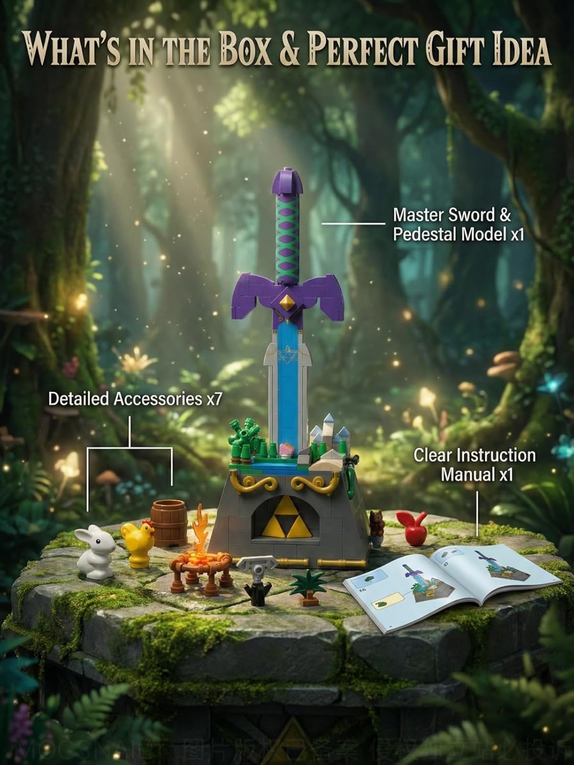 Sword Building Set Brick Sword with Stone Pedestal, Fantasy Weapon Model Kit for Adults, Display Collectible Decor Compatible with the Master-Sword & Major Brick Brands