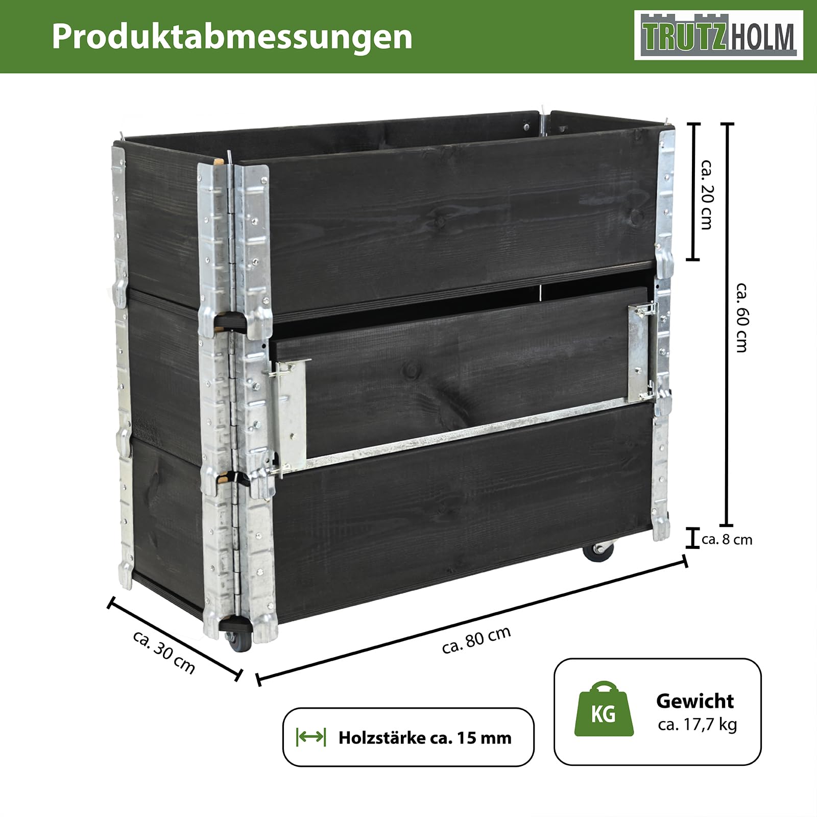 TRUTZHOLM Hochbeet aus Holz 80x30x68 cm Kräuterbeet mobiler Einsatz auf Rollen Feststellbremsen für Garten und Balkon, Kräuter oder Blumenkasten, mit Stauraum Fach, teilbar, zeitlos, flexibel