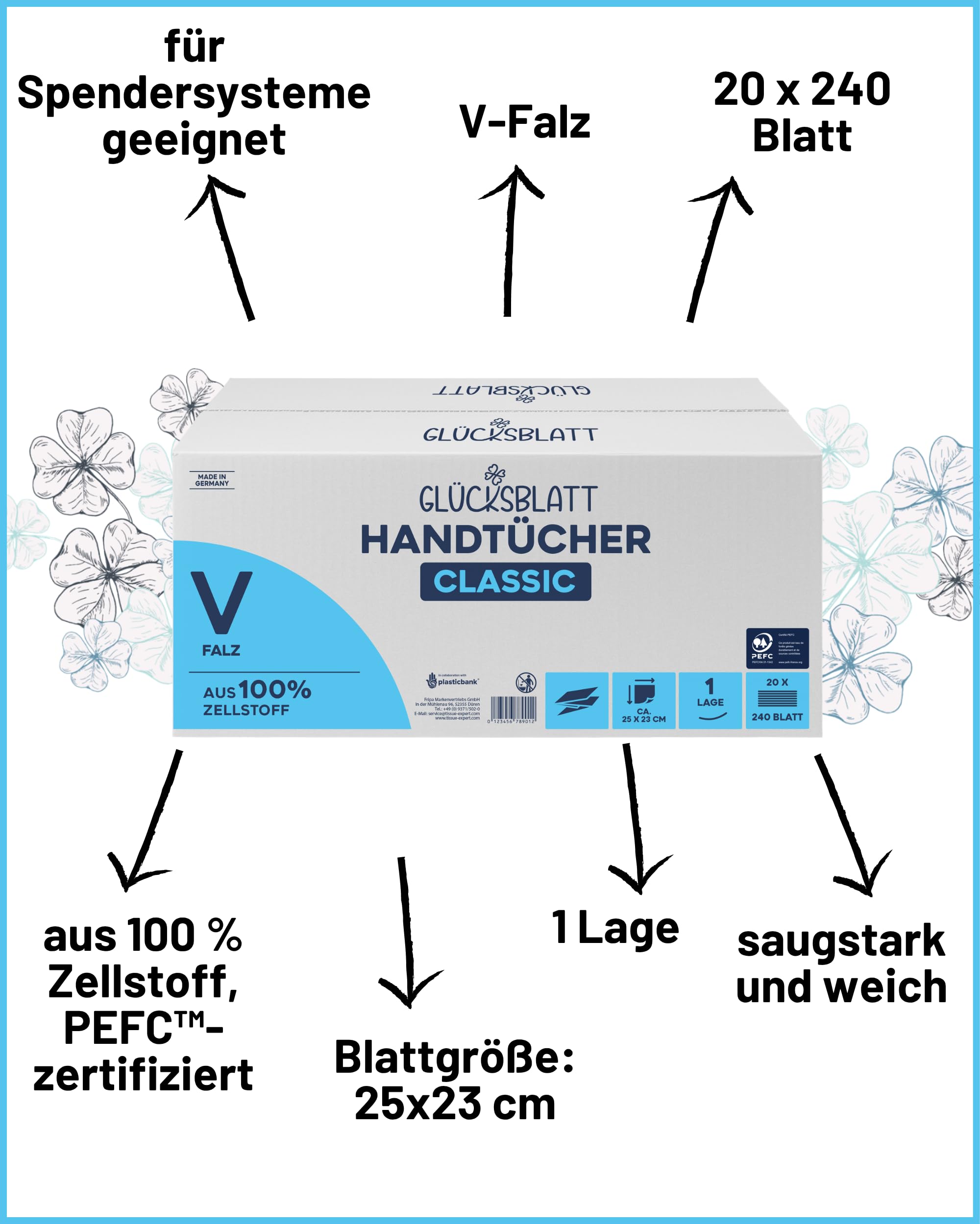 Glücksblatt Papierhandtücher 1-lagig | 4800 Blatt | 25x23cm V-Falz weiß