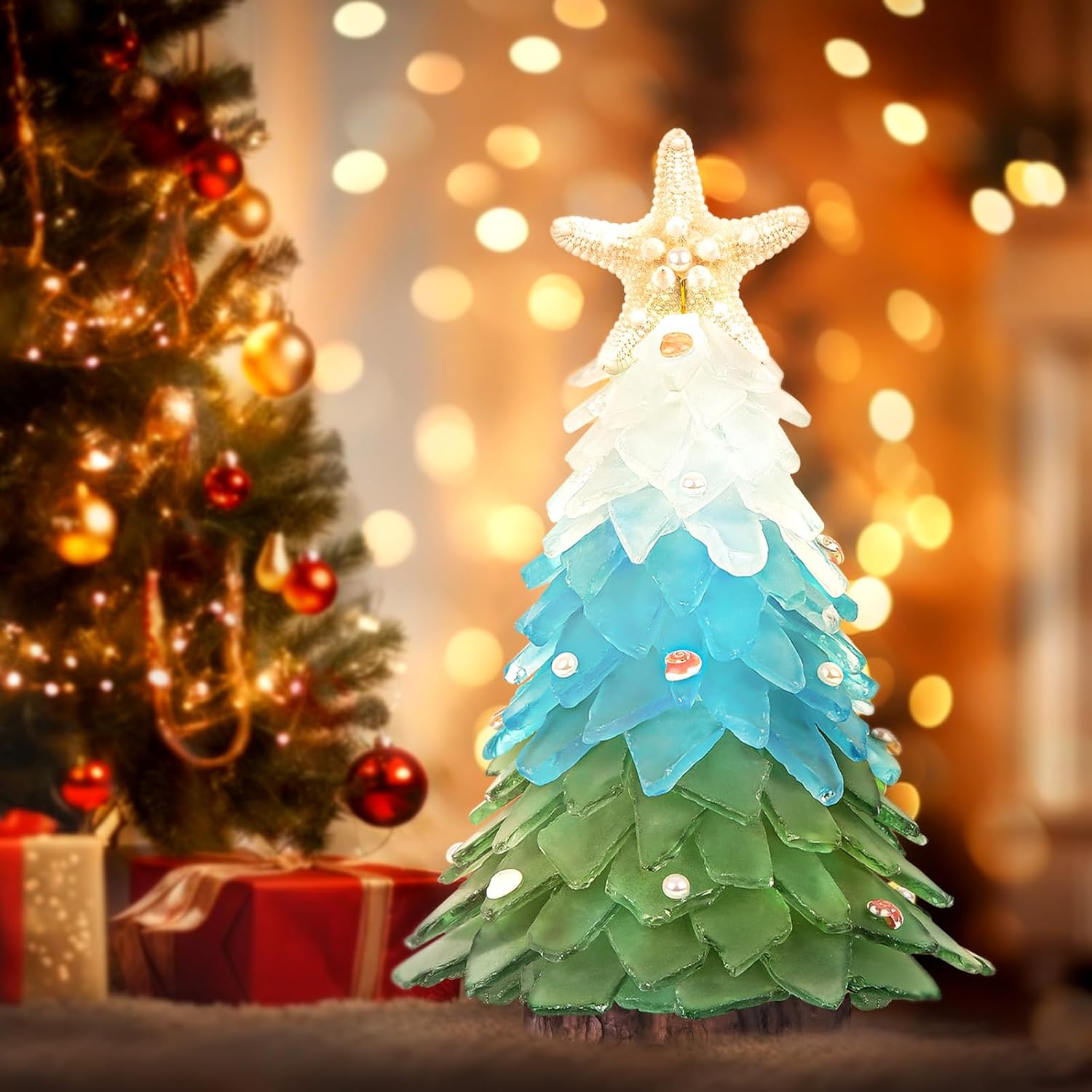 Sea Glass Christmas Tree - Handcrafted Mini Christmas Tree, Table Centerpiece - Ideal for Christmas, New Year, Home Decor, Coastal Holiday Decor and More (Green Gradient)