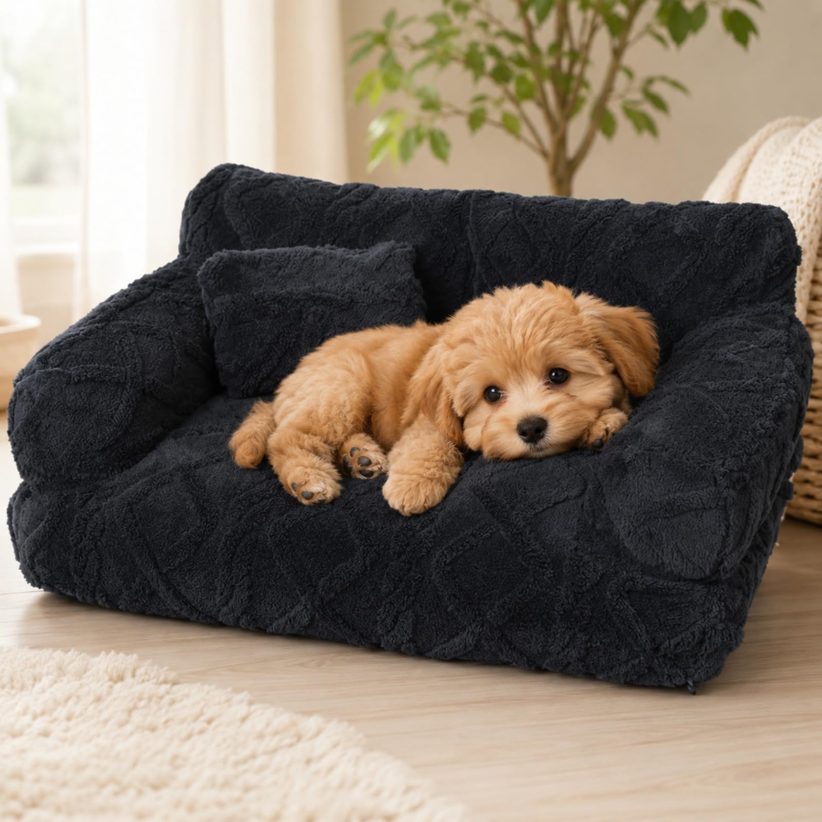 Plush Calming Pet Sofa Bed and Comfortable Plush Calming Dog Sofa Bed with Removable Washable Cover, Anti-Slip Base Couch, Cozy Puppy Mat Multi-Purpose Cushion (Dark gray, S (45*39*21cm))