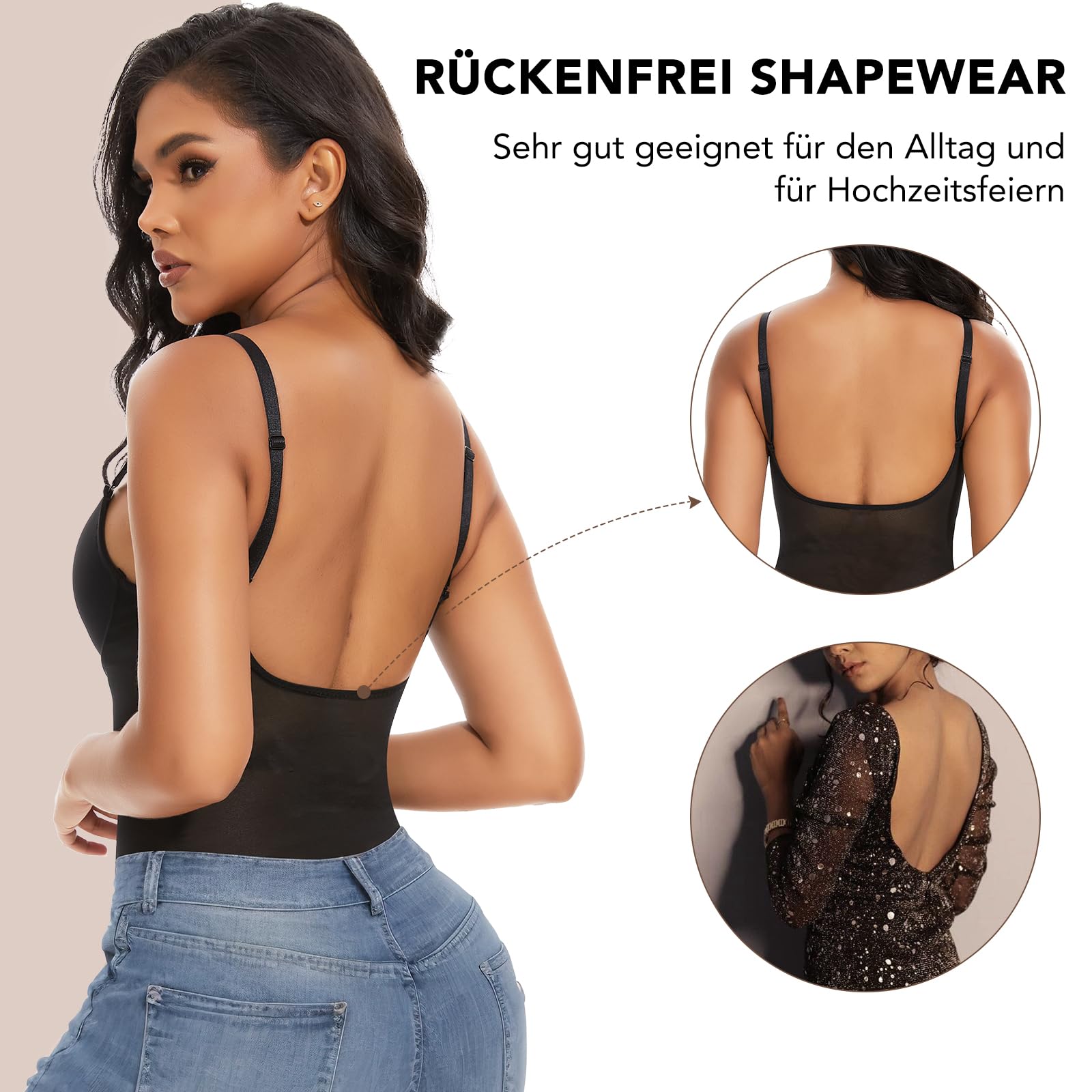 SHAPERIN Rückenfrei Formende Bodysuit Damen Shapewear Bauchweg Body mit Push Up BH Body Shaper Tiefer U Ausschnitt