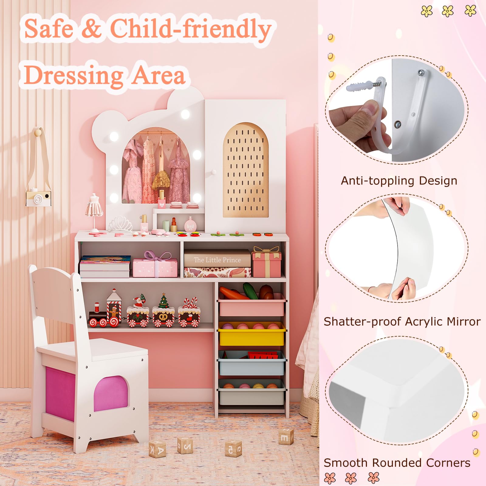 LIFEZEAL Tocador Infantil con Luces, Tocador Niña con Espejo y Silla Princesa, 5 Cajones y 2 Compartimentos, Armario de Una Puerta, Estante Abierto, Mesa de Maquillaje para Niños (Blanco)