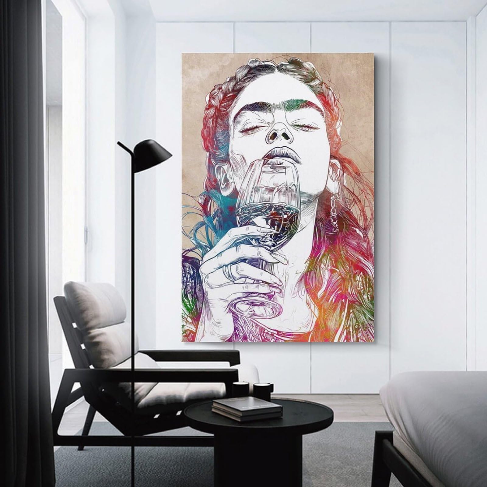 Junmoney Woman Drinking Wine Colorful Art Canvas Wall Decor, 12x18inch(30x45cm), for New Homes, Bedrooms Or Workspaces, Gift Idea for Housewarming And Birthdays