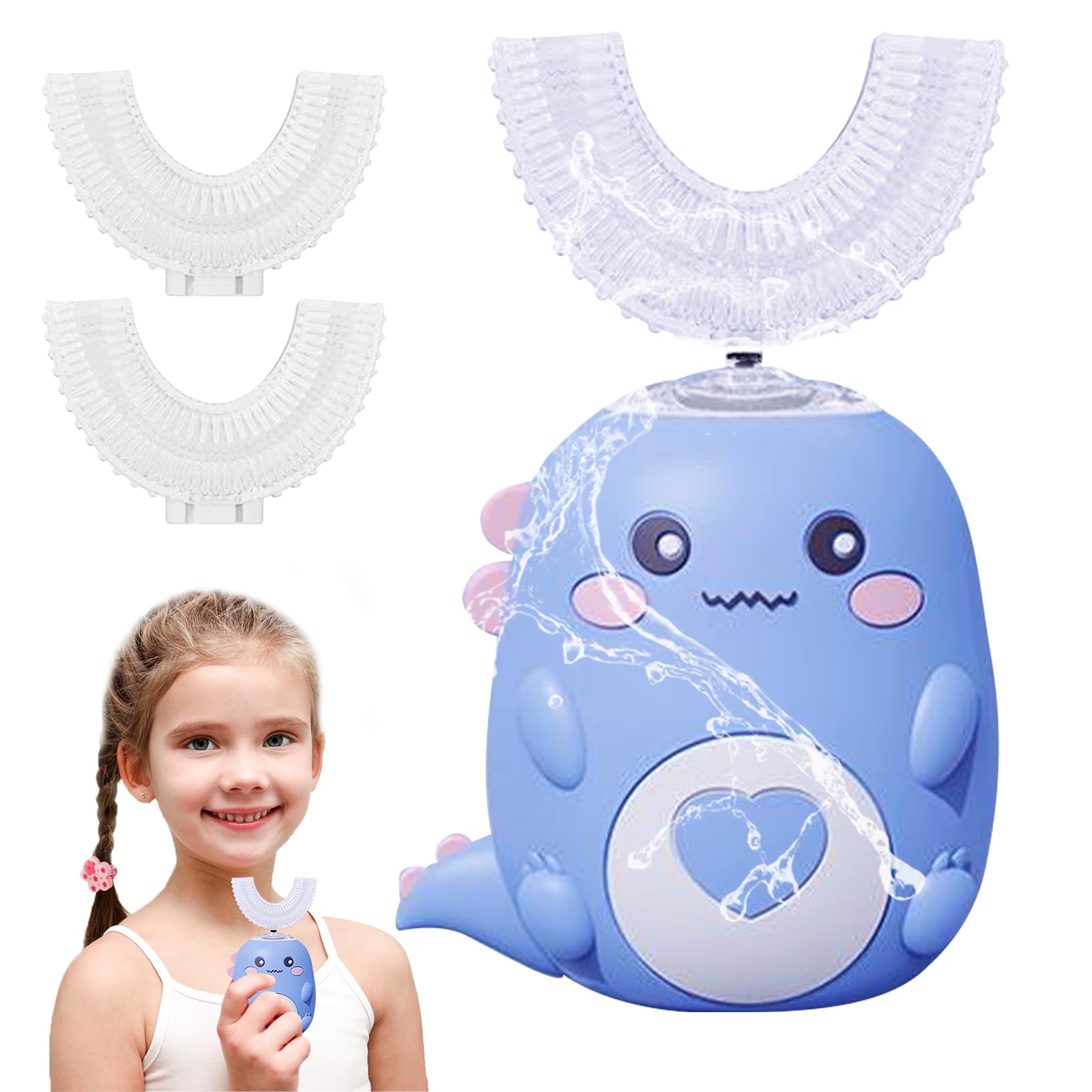 Cepillo de dientes ultrasónico 360º para niños, cepillo de dientes eléctrico con 2 cabezales de cepillo de silicona en forma de U, cepillo de dientes automático con luz LED y aspecto de dinosaurio