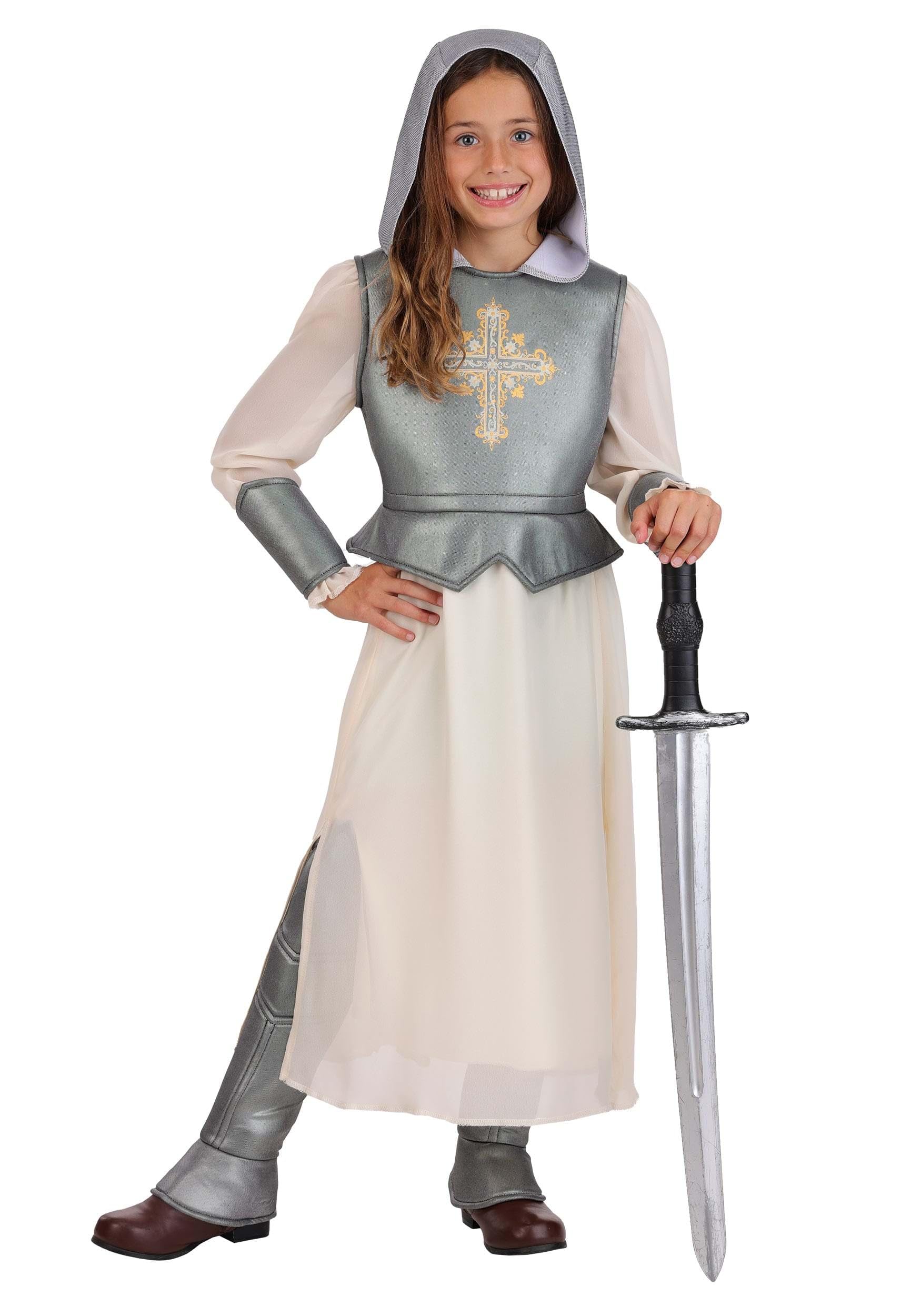 Girls Medieval Joan of Arc Costume with Dress, Gauntlets, and Boot Covers for Halloween Parties and Character Role Play