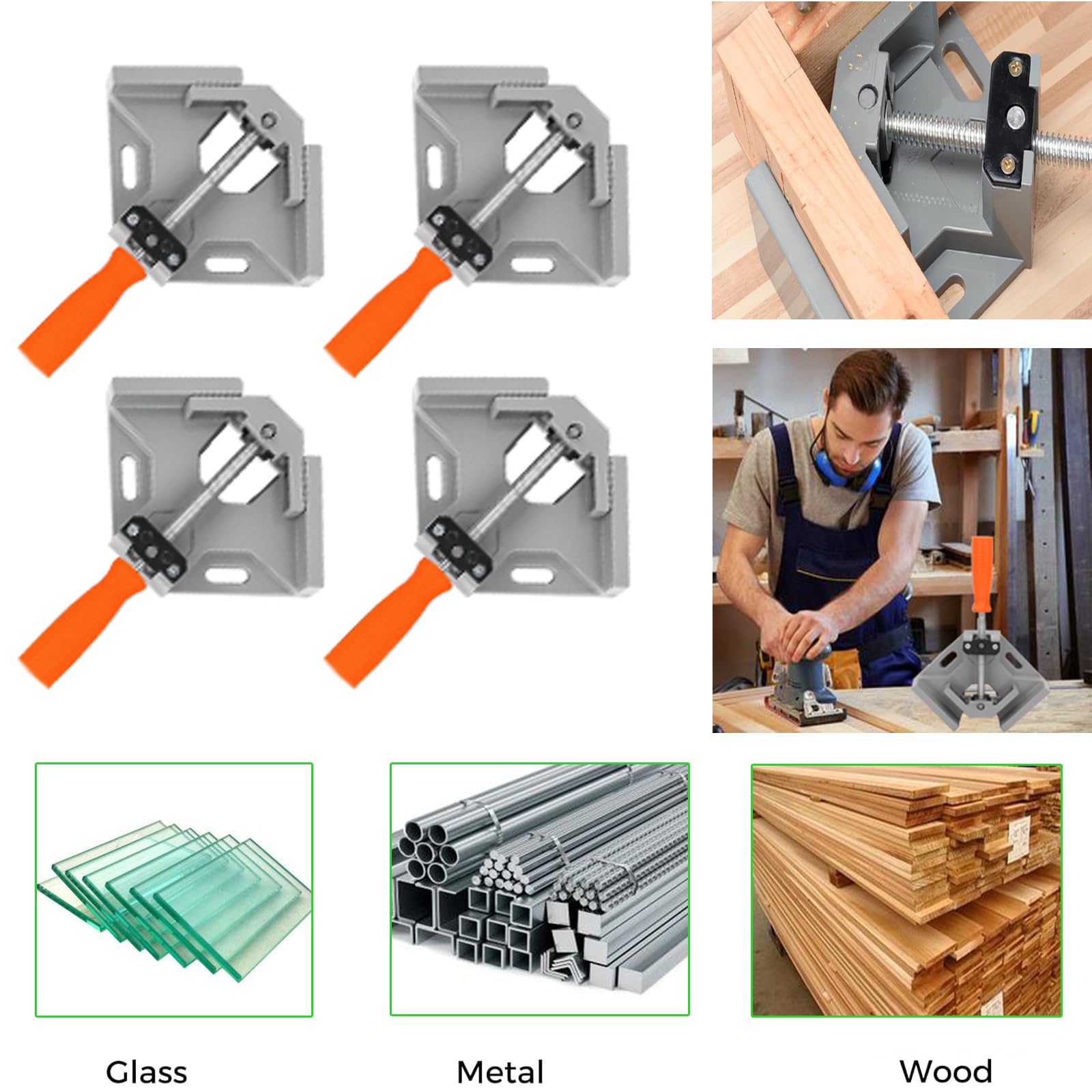 4 Piezas Sargento Escuadra 90° Aleación Aluminio - Mandíbula Giratoria Ajustable, Abrazadera Angular Resistente para Carpintería, Soldadura, Ingeniería