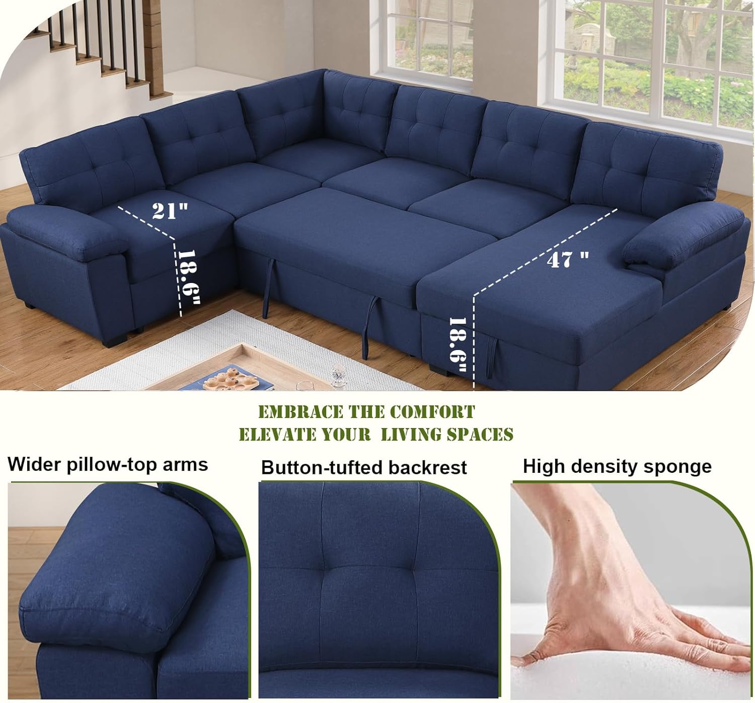 asunflower Sleeper Sofa U Shaped Pull Out Couch with Storage Chaise 118" Oversized Sofa Bed Couch for Living Room Navy Blue 6 Seater Modular Sleeper Sectional