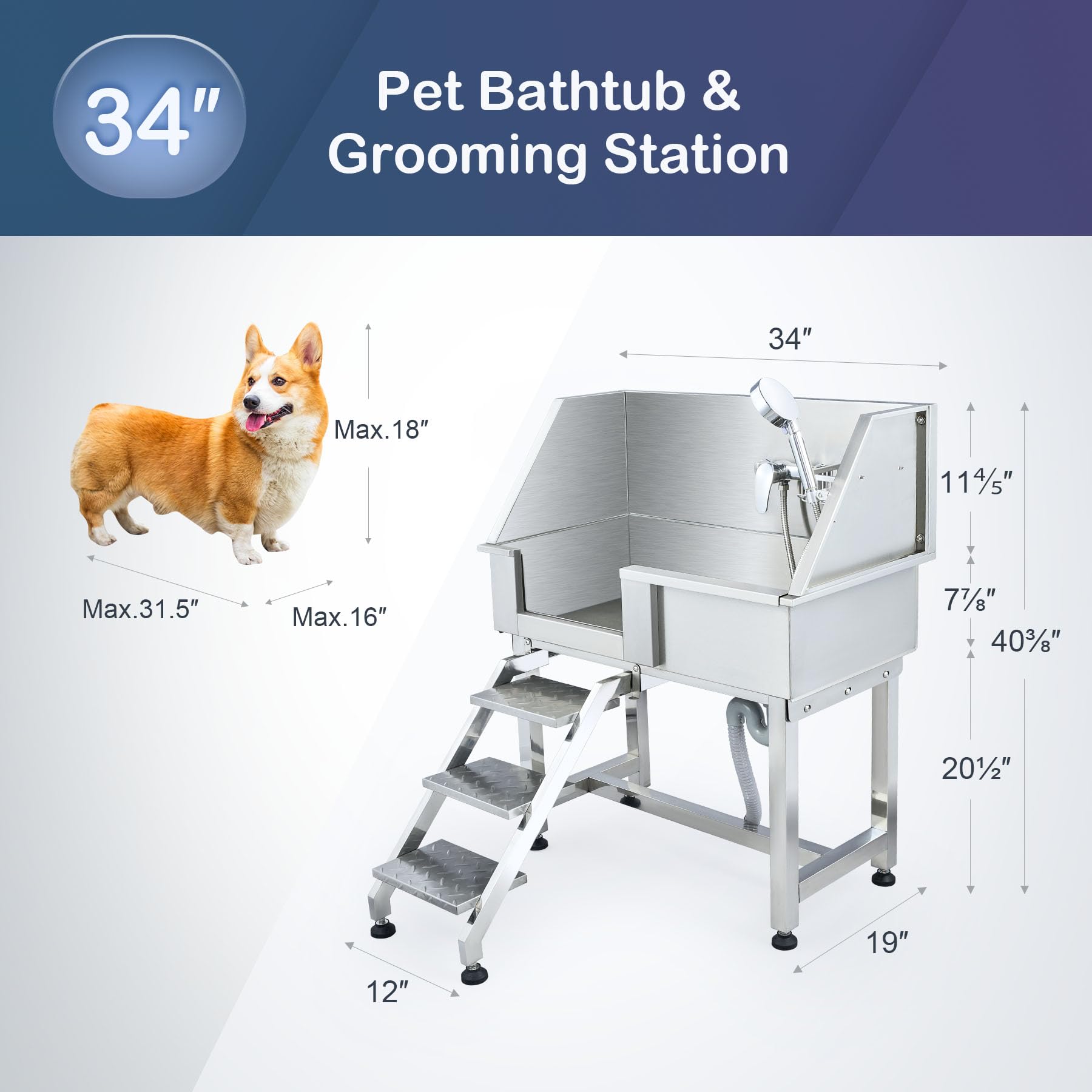 CO-Z Profesjonalna wanna do pielęgnacji psów, 86 cm 34 cale stacja kąpielowa ze stali nierdzewnej ze stopniami odpływowymi głowica prysznicowa wąż do drzwi i kran do domowego sklepu zoologicznego hodowli weterynarzy