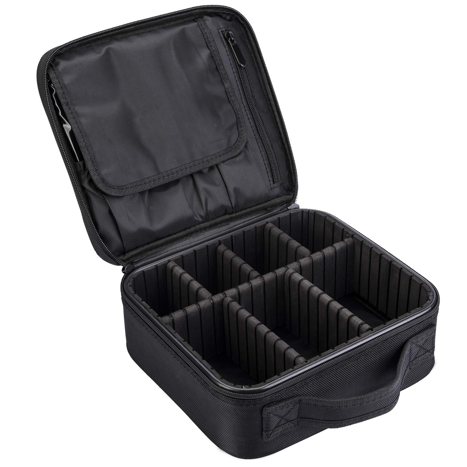 NiceEbagMakeup Bag Travel Cosmetic Bag Nylon Cute Makeup Case Organizer Large Portable Cosmetic Train Case with Removable Dividers for Women Carrying Beauty Products Make Up Tools Toiletry Jewelry,Black