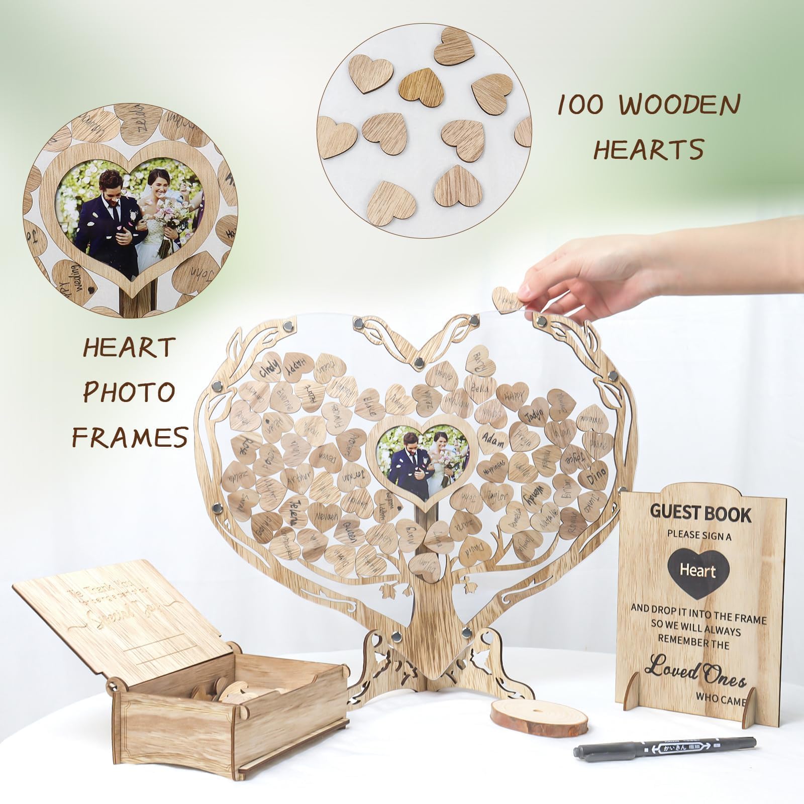 Libro de firmas con marco de fotos de corazón, placas de firma de boda con corazones de madera para exhibición de mesa, libro de invitados de boda de madera