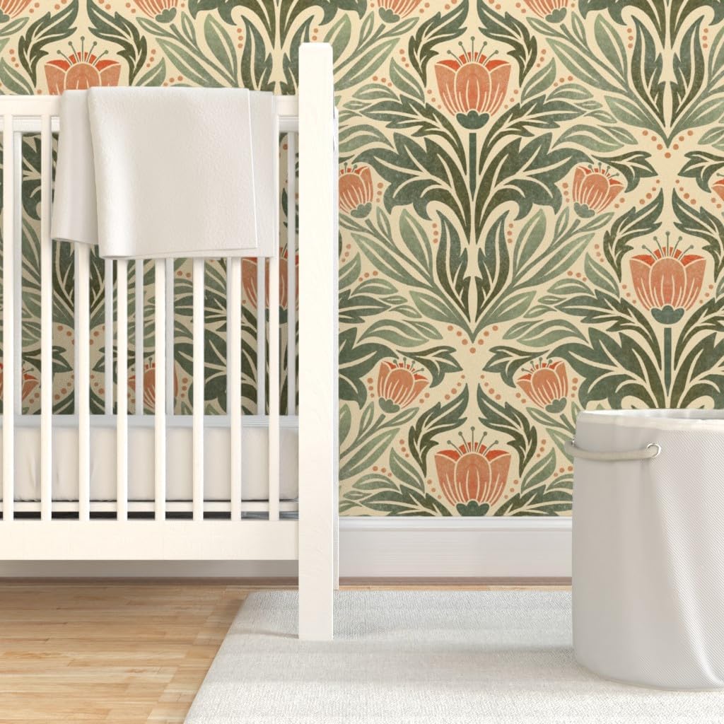 Spoonflower Removable Wallpaper Swatch - Block Print Floral Orange Tulip Damask Rustic Farmhouse Flowers Green Leaves Custom Pre-Pasted Wallpaper