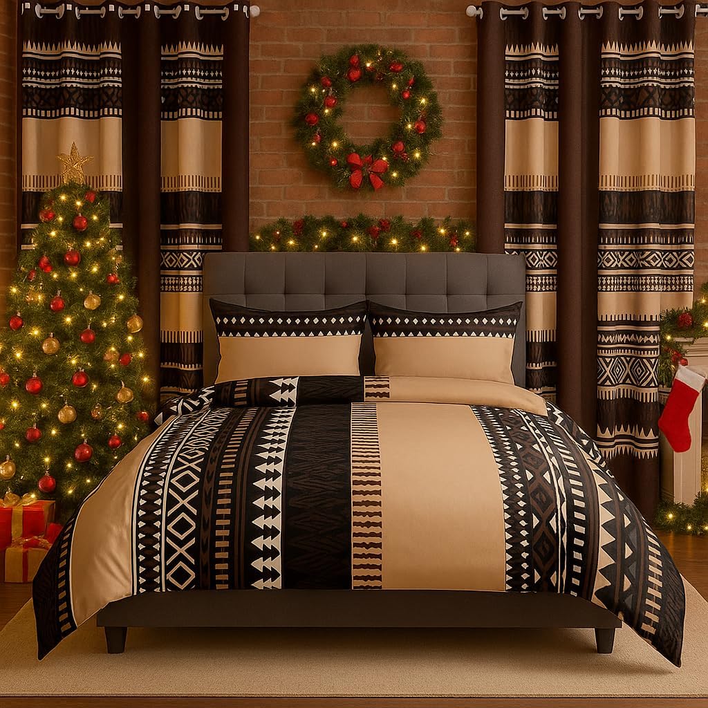 KK-NATURALUCL | 9 Pcs Bedspread Set with Curtains | Includes 1 Bedspread,6 Matching Window Curtains,2 Pillow Shams | Floral,Modern & Boho Styles | Soft, Breathable (Brown Boho(9Pcs), Queen(86 * 87in)