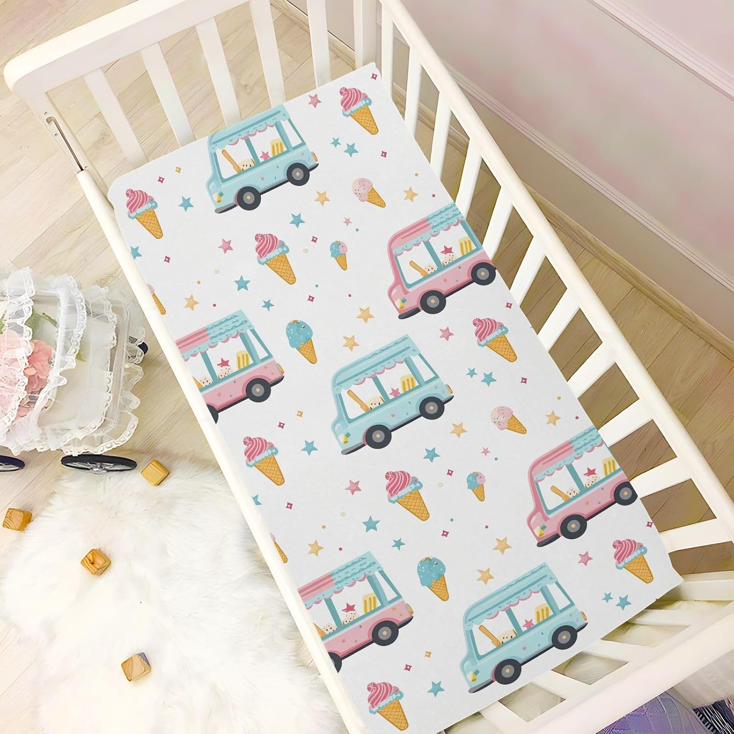 Crib Sheets for Boys Cartoon Ice Cream Truck Baby Girl Sheets,Neutral Mini Crib Mattress Sheets,Crib Mattress 52 * 28 * 9In