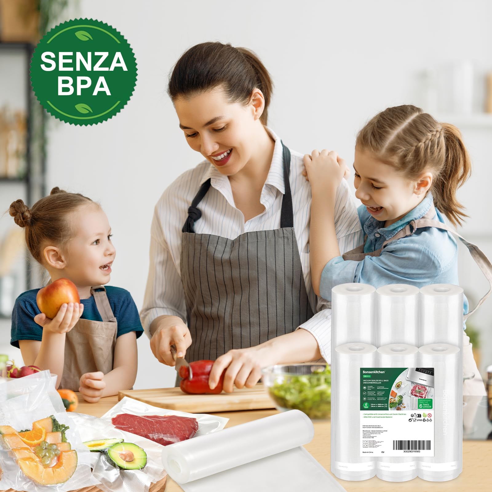 Bonsenkitchen Sacchetti Sottovuoto per Alimenti, 3 Rotoli 28x600cm+ 3 Rotoli 20x600cm, per Conservazione Alimenti e Cottura Sous Vide, Senza BPA,VB3211