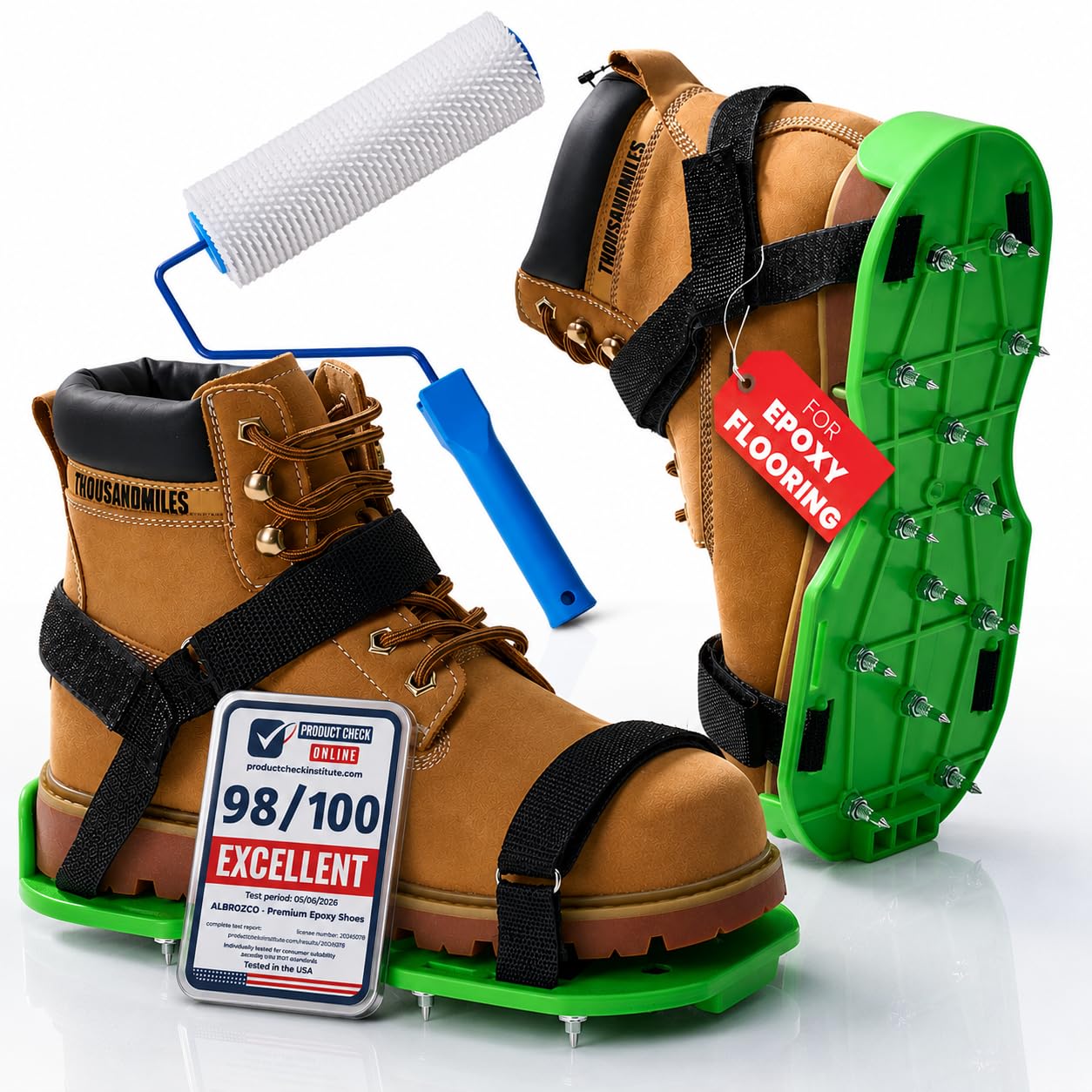 Premium Epoxy Shoes with 9-inch Spiked Roller, Floor, Fully Assembled gunite 3/4" Short Spikes for Garage Floor, Overlays, Cover Installation, One Size Fits Most