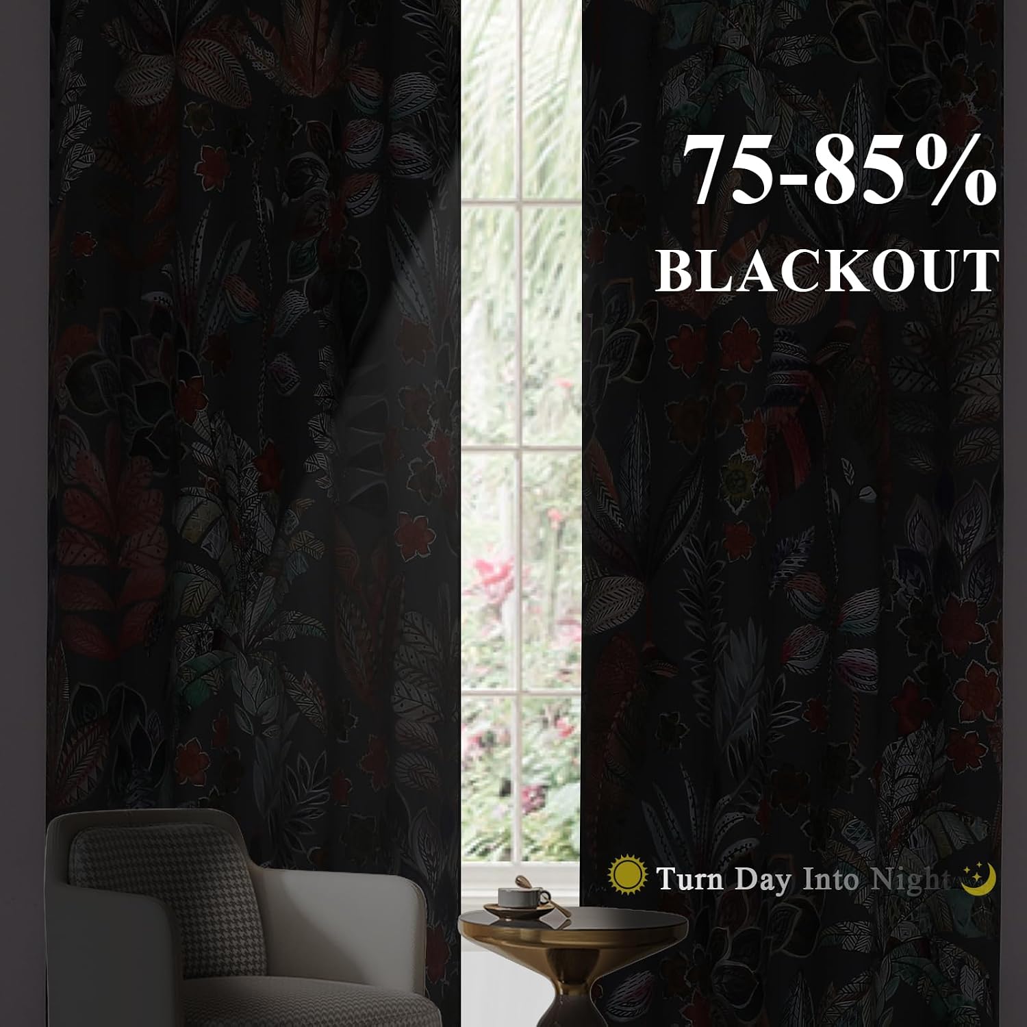 Grey Boho Leaves Room Darkening Curtains 84 Inches Long for Living Room image 3