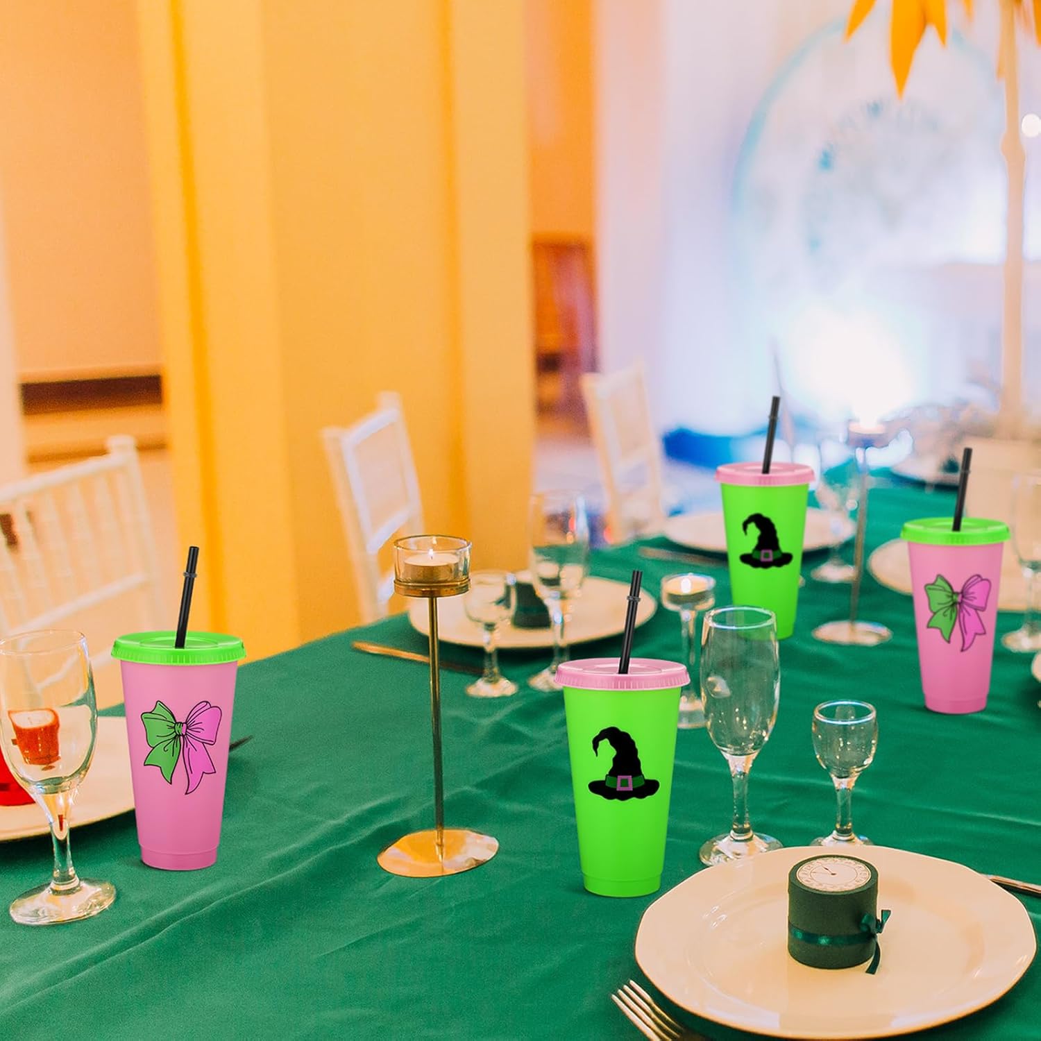 Pickmesh 12 Pcs 24 oz Green and Pink Witch Plastic Cups with Lids and Straws Bulk Gift Reusable Coffee Cups Coffee Tumbler Decoration Birthday Wedding Baby Shower Party Supply - Image 5