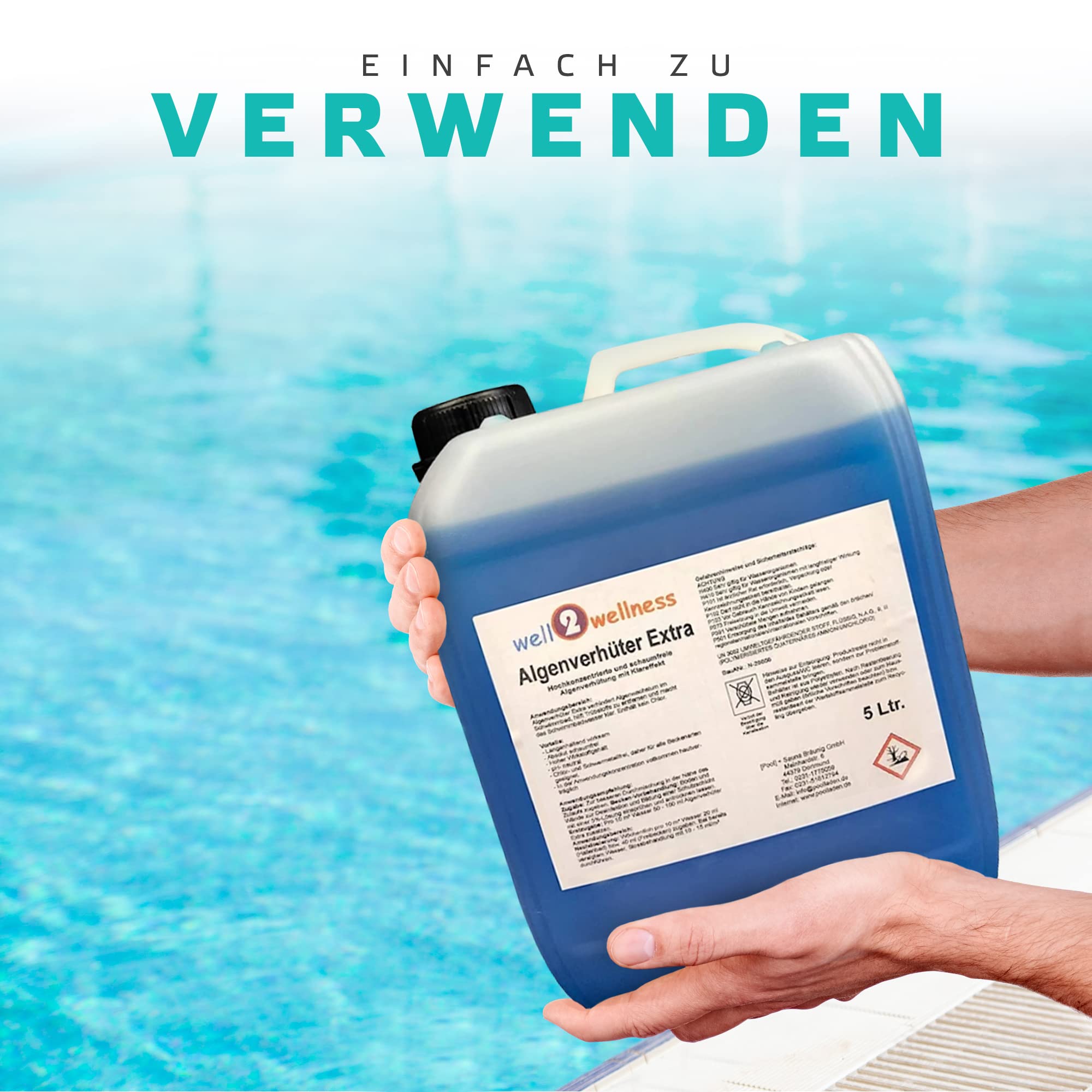 well2wellness Algenvernichter Extra 5 Liter - Hochkonzentriertes Schaumfreies Algizid - Vernichtet Alle Formen von Algen - mit Klärender Wirkung - Lang Anhaltende Formel - Frei von Schwermetallen