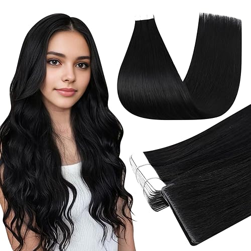 Full Shine - Extensiones de cabello humano con cinta adhesiva de poliuretano, de color negro, de 14 pulgadas, con tramas y sin costuras para mujeres