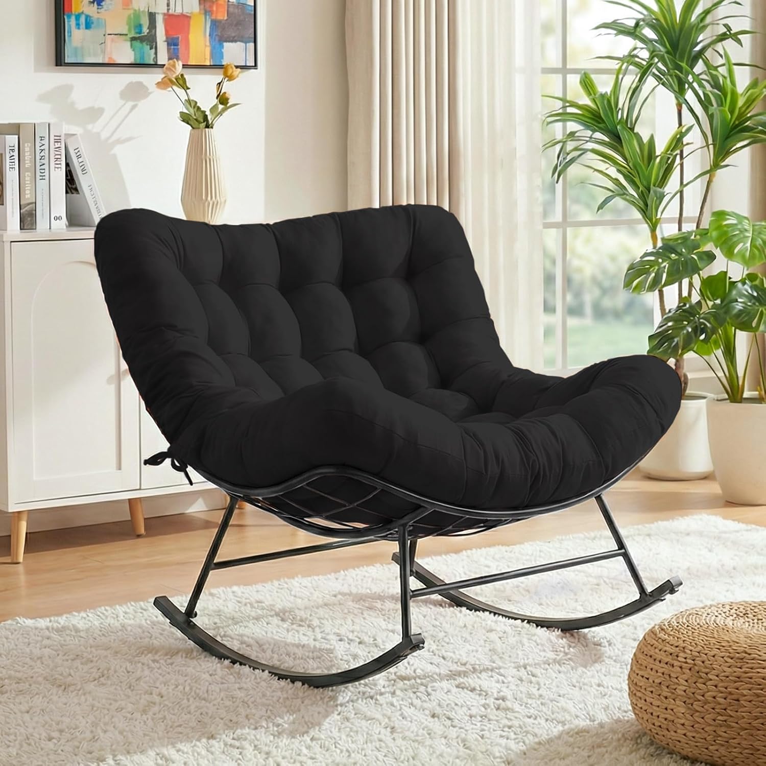 Cushioned Papasan Rocking Chair for Outdoor Indoor, Oversized Outdoor Rocking Chair with Cushion, Egg Rocker for Patio, Porch, Balcony, Lawn, Bedroom, Living Room, Black