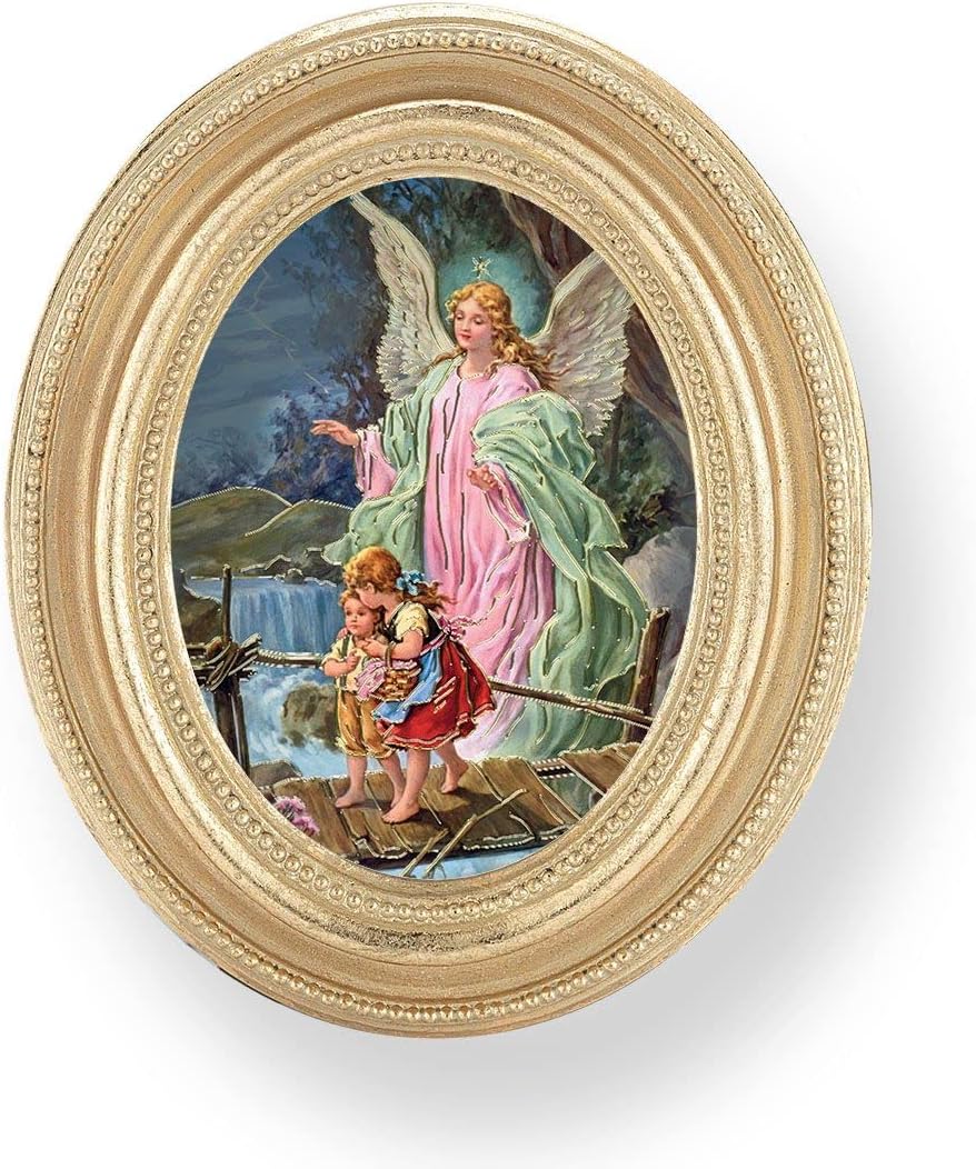 Guardian Angel with Children on Bridge Picture, Gold Finish 3-3/4"x4-1/2 Oval Frame, Exclusive Gold Stamped Print Under Glass