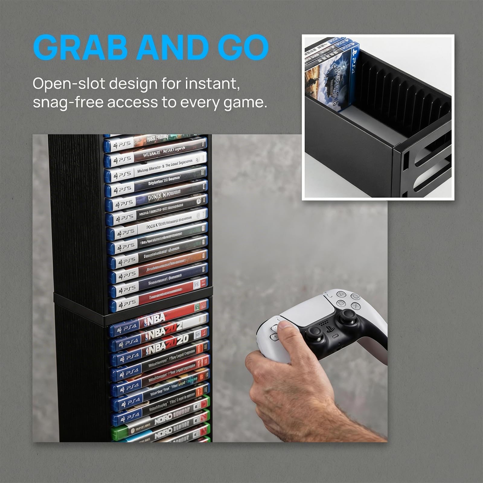Videogioco Torre di stoccaggio compatibile con PS5 PS4 Slim Pro Game Disc Scaffale per 36 Giochi Supporto in Plastica Nero Sistema di Organizzazione Salvaspazio per Giochi