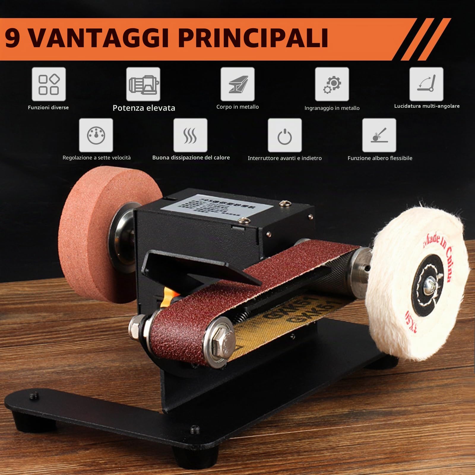 Levigatrice a Nastro Elettrica 7 Velocità con 10 Nastri Abrasivi per Metallo Legno Affilacoltelli