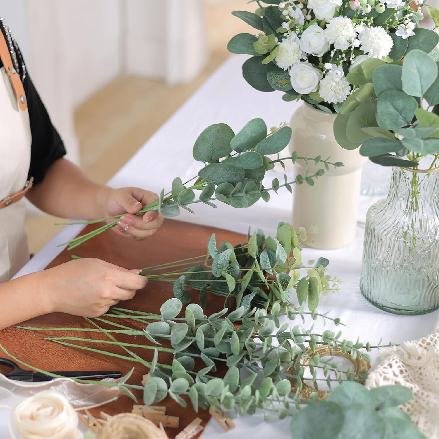 65 Pcs 7 Kinds Mixed Artificial Eucalyptus Stems and Faux Flowers,Fake Silver Dollar Eucalyptus Leaves Stems Bulk Real Touch Leaf Branches for DIY Bouquets Floral Arrangement Wedding Home Decor