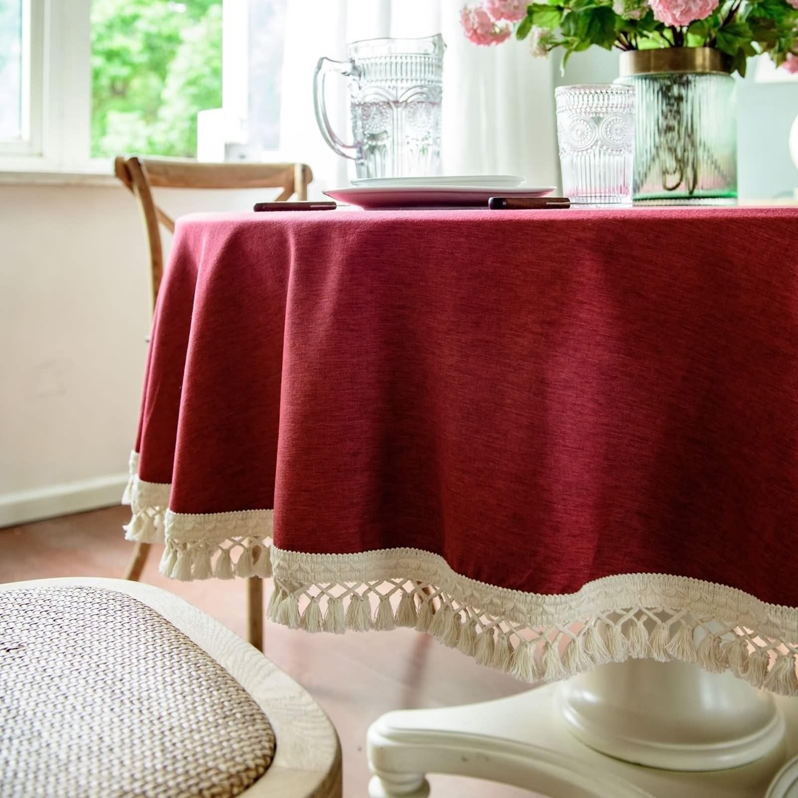 Runde Tischdecke 160 cm, Tischdecke Polyester Abwaschbar 2-4 Personen Einfarbiges Rot mit Spitze Tischwäsche Landhausstil Deko