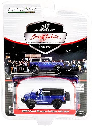 Greenlight Bronco coleccionable 2021 VIN de 2 puertas #001 Lightning Blue con muelle azul marino interior (lote #3008) Barrett Jackson Scottsdale