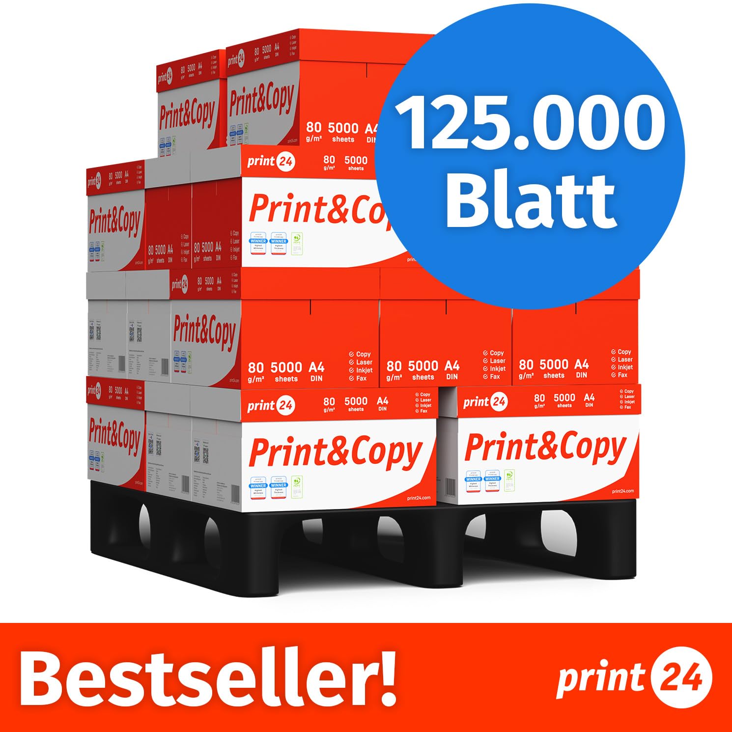 Druckerpapier Kopierpapier 125000 Blatt 25 x 5000 A4 80g Premium Hochweiß CIE 160 PEFC zertifiziert
