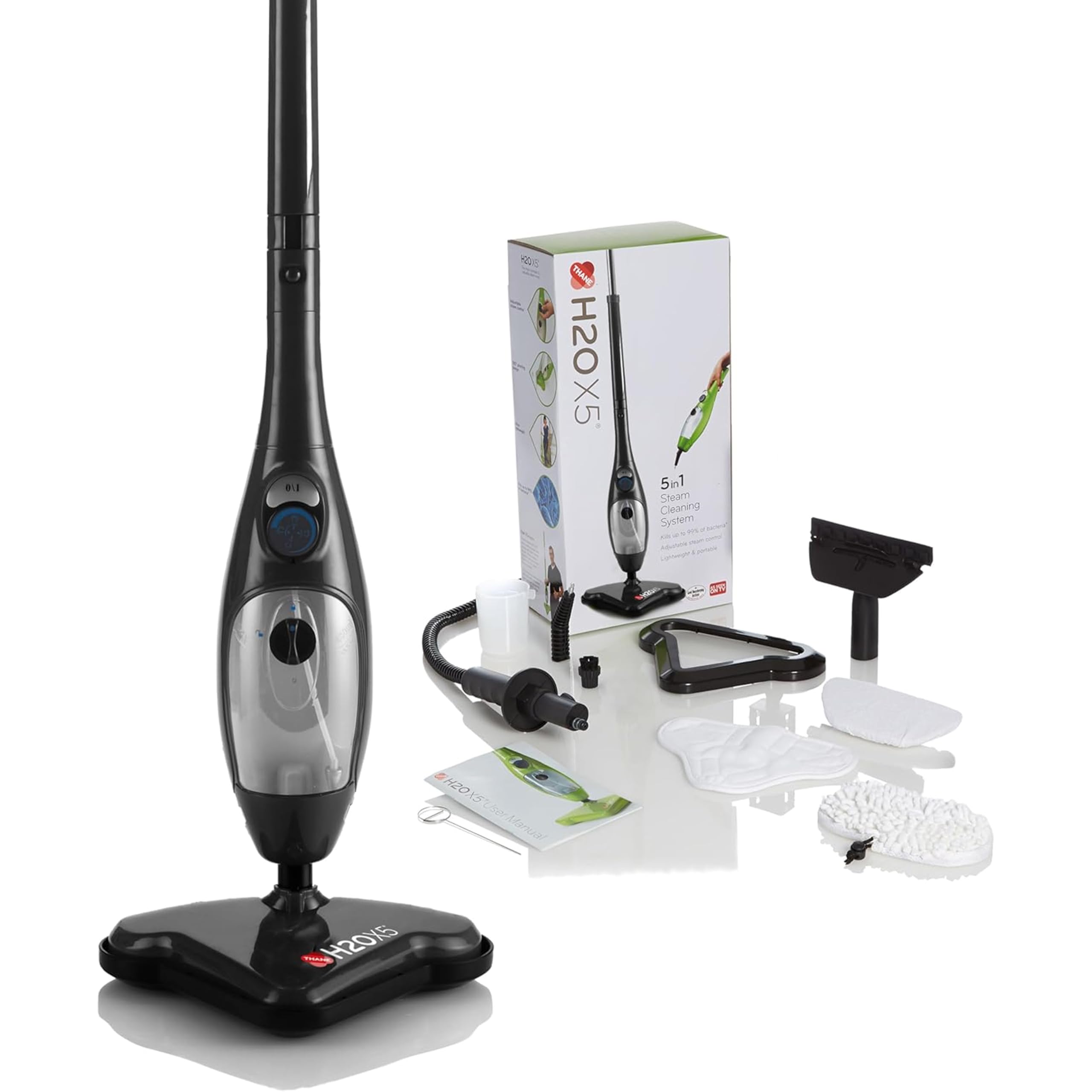 H2O X5+ Mop Parowy 5w1 I Myjka Ręczna Do Podłóg, Dywanów, Okien I Tapicerki, 1500W, Gotowy W 15s, Czarny