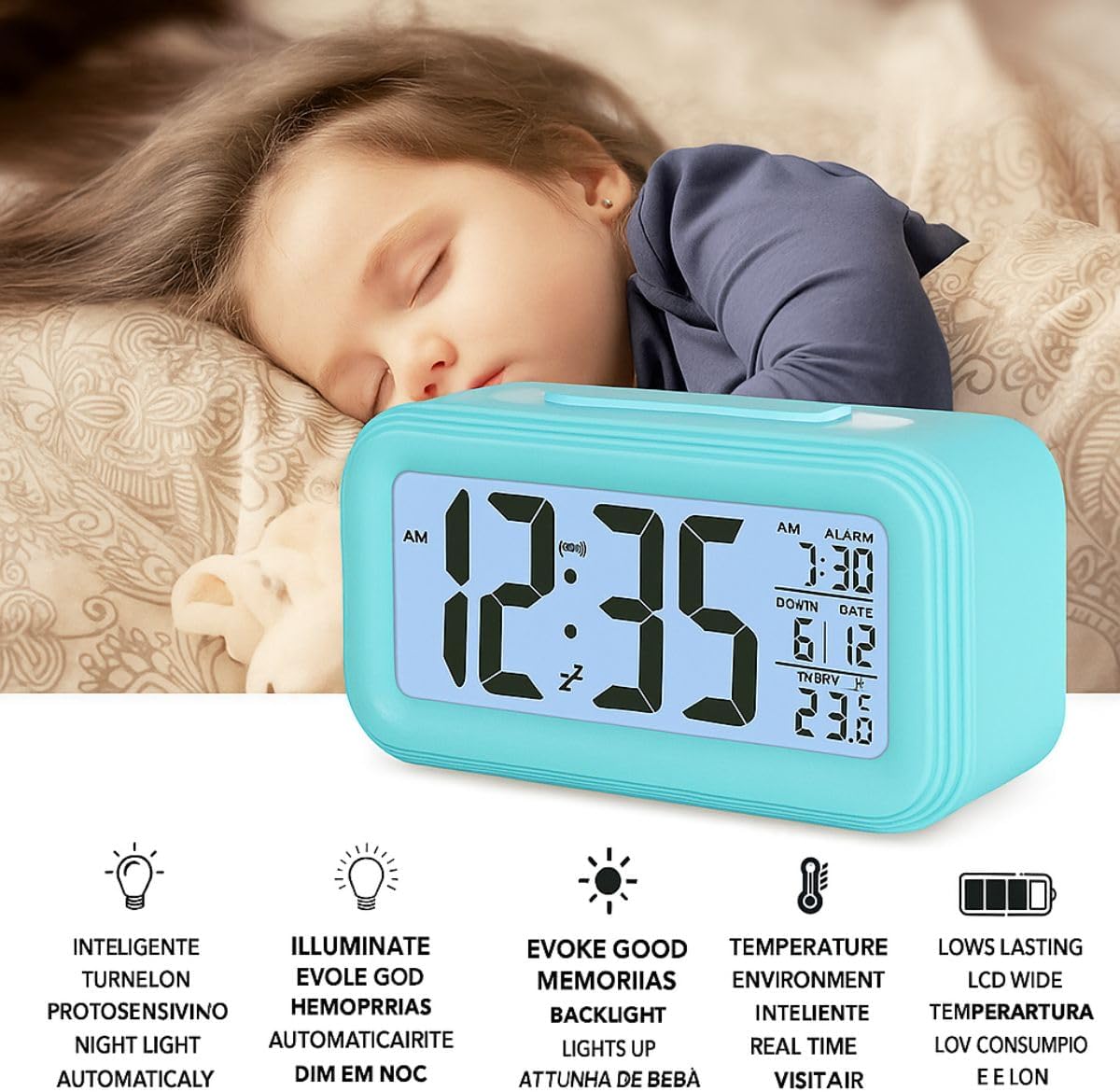 Relógio Despertador Digital Alto De Mesa Cabeceira Temperatura Calendário Com Sensor de Luminosidade