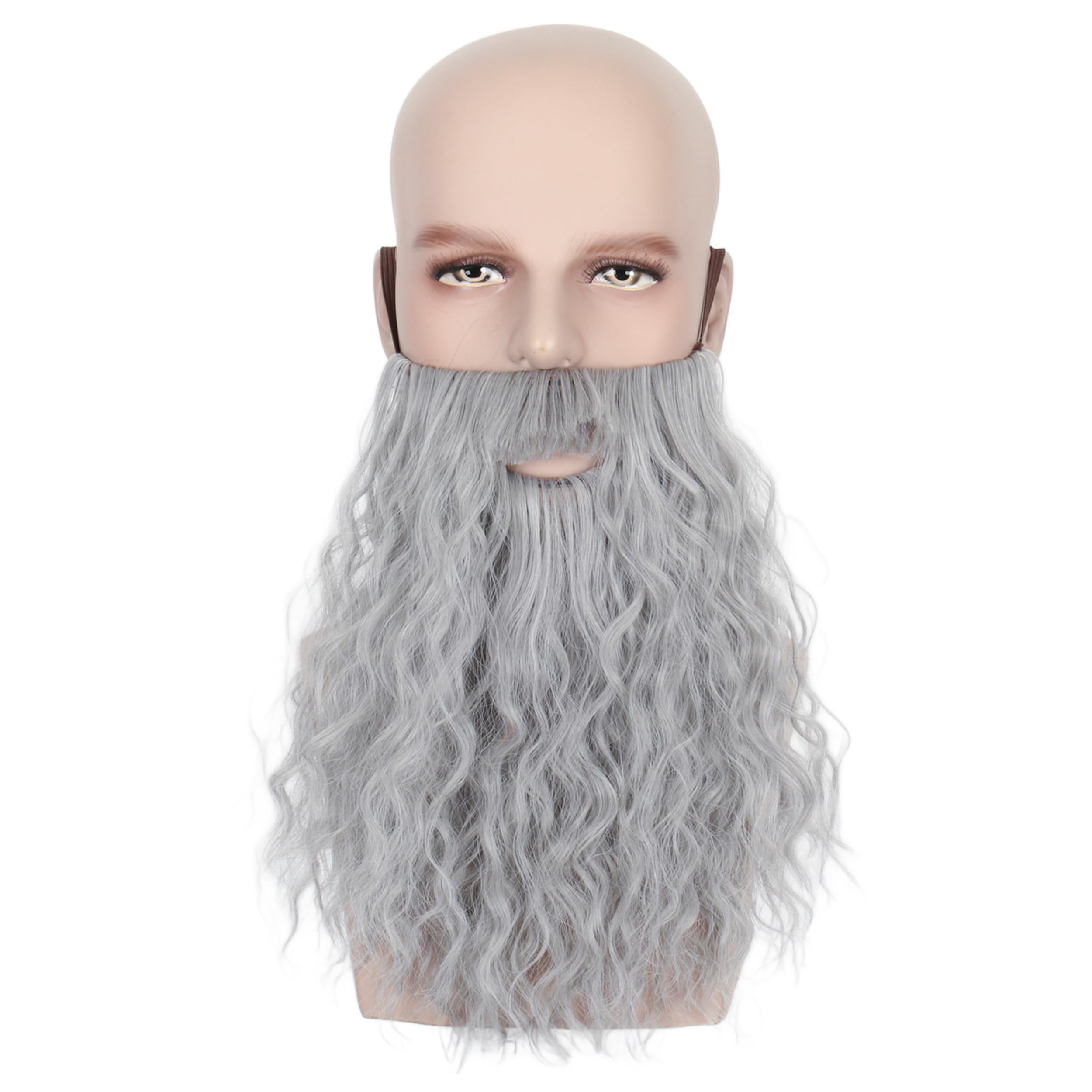 Yan Dream Men Long Curly Wizard Beard with Elastic Band Novelty Costume Facial Hair Cosplay Party Mustache (Grey)