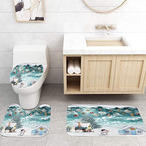Miniatura 3 de Yizheer Merry Christmas 4Pcs Winter Maple Shower Curtain Sets with Non-Slip Rugs, Toilet Lid Cover and Bath Mat, Haunted House Waterproof Bathroom