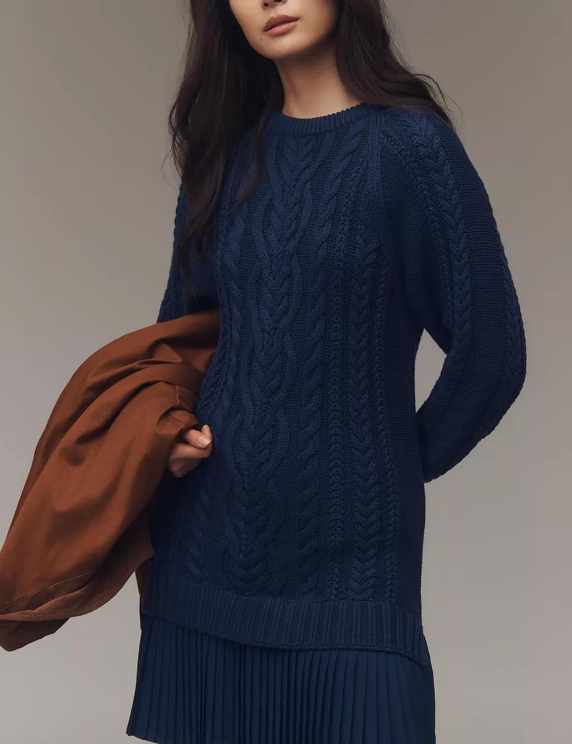 Shiyifa Womens Cable Knit Sweater Dress Crewneck Patchwork Pleated Dresses Twofer Style Long Sleeve Mini Dress 2025 - Image 4