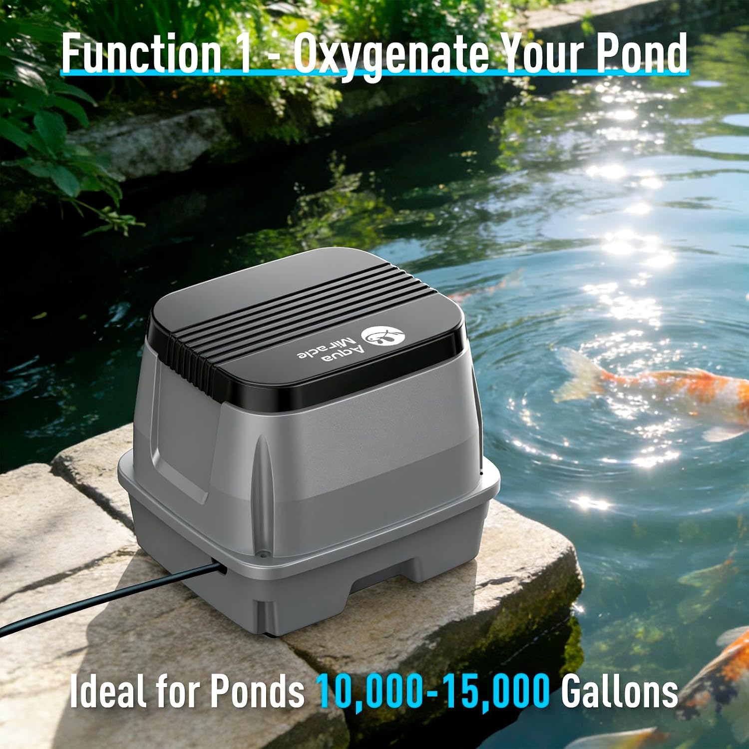 AquaMiracle Koi Pond Aerator Pond Air Pump for Outdoor Ponds 10000-15000 Gallons, All-in-One Aeration Kit with Self-Sinking Airline Flow Control Rubber Air Diffuser