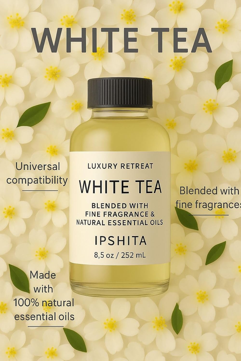 Ipshita Diffuser Oil - Luxury White Tea Essential Oils for Diffuser Refill & Air Freshener Room Spray - Long-Lasting & Natural Home Fragrance, Scented Oil for Diffusers (8.5 Fl. oz) (White Tea)