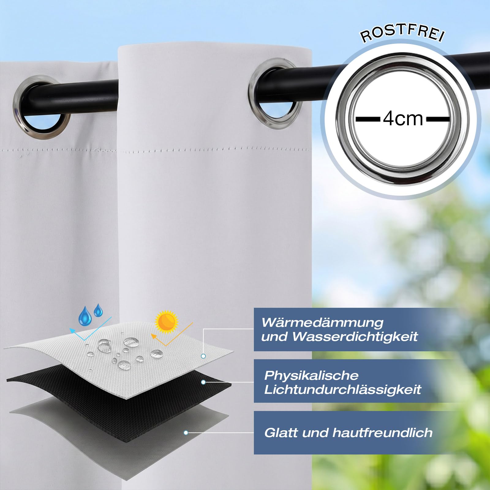 Outdoor Vorhang Wetterfest Extra Breit B254xH243cm, Winddicht mit Ösen Oben und Unten, Sichtschutz &Sonnenschutz für Pavillon Terrasse Balkon Garten, 1 Stück (Grau Weiß)