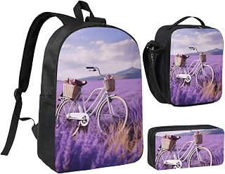 Lavender Field Bike Backpack with Lunch Bag Coin Pouch Set | 17 Inch Laptop Backpack Set 3 Pcs, Lightweight Daypack Personalized Pattern, Water Resistant Insulated Lunch Tote Gift