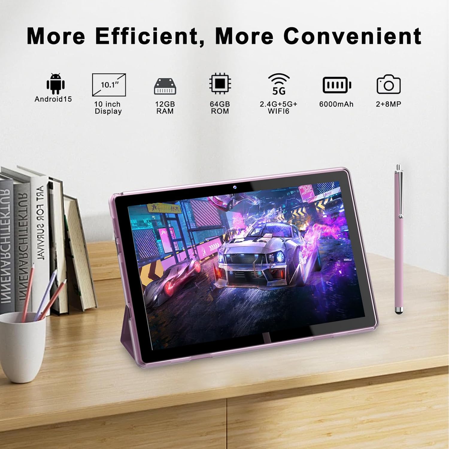 HOTTABLET Tablet 10-inch Android 15, RAM 12GB(4+8Expand) +ROM 64GB, 2+8MP Dual Camera, 6000mAh Battery (Tablet+case+Stylus)(Pink)