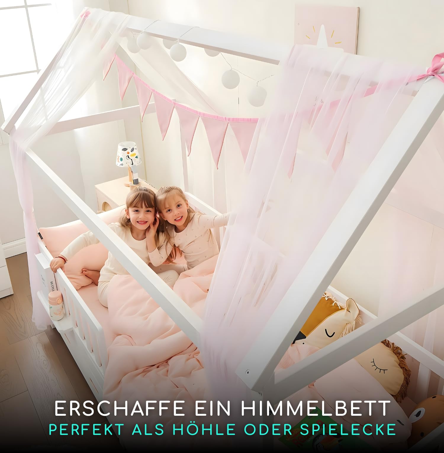 ALAVYA HOME® Set de decoración para cama de casa de 4 piezas con 2 cielos de cama I 1 cadena de banderas de 300 cm de largo para habitación infantil I Cadena de banderas 100% algodón orgánico I 150 x