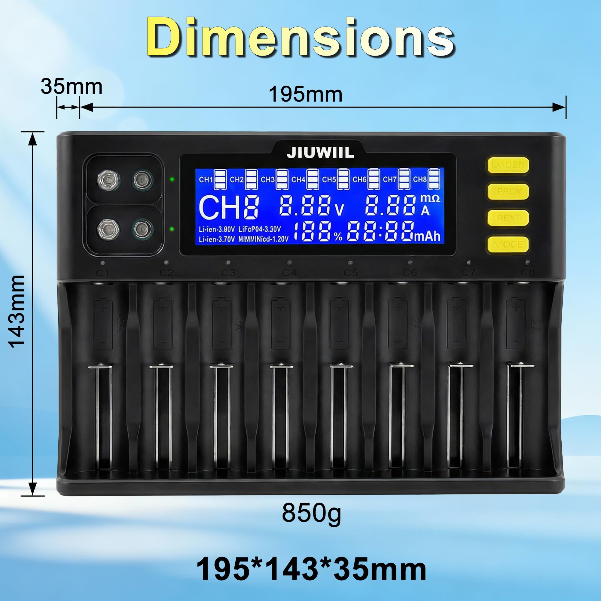 18650 Akku Ladegerät, JIUWIIL 8+2 Schacht Schnellladung Universal Akkuladegerät mit LCD-Display für Wiederaufladbare Akkus Li-Ion LiFePO4 26650 17500 16340 18650 14500 10440 & 9V