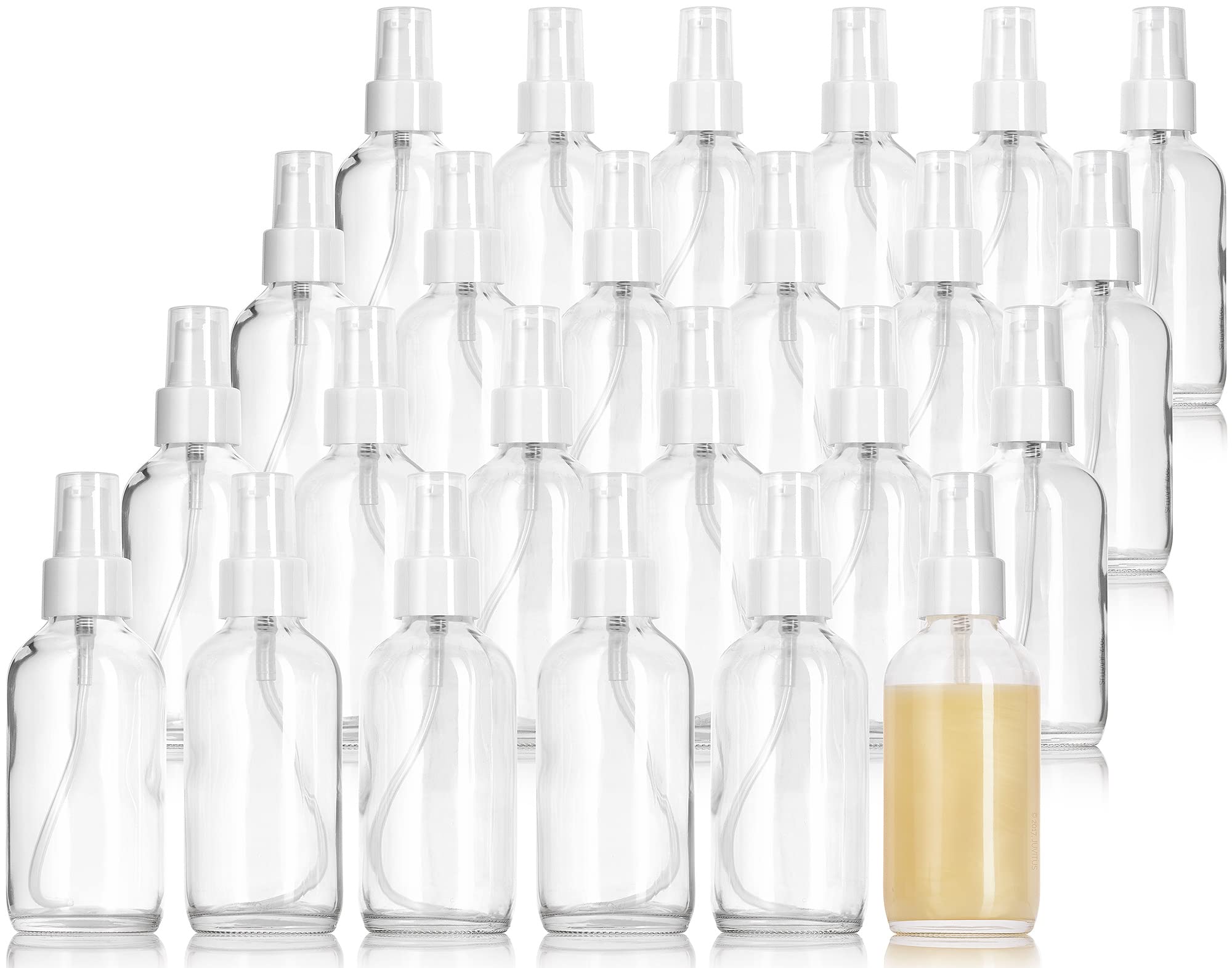 JUVITUS 4 oz / 120 ml Clear Glass Boston Round Bottle with White Treatment Pump BPA Free Refillable Empty Storage Containers (24 Pack)