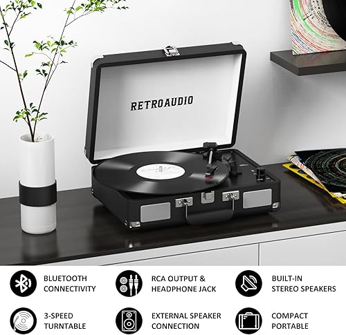 Miniatura 3 de Reproductor de discos de vinilo portátil de 3 velocidades con Bluetooth de maleta con 2 altavoces estéreo incorporados, tocadiscos de vinilo