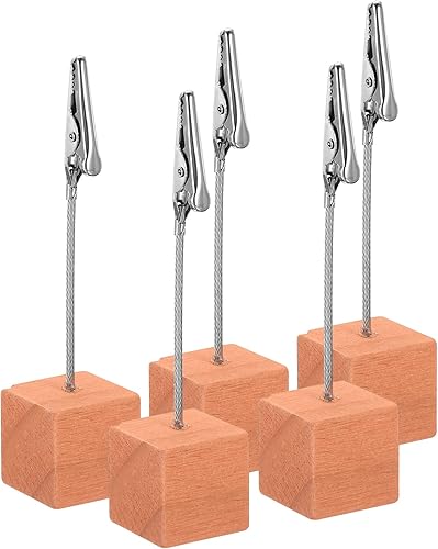 Miniatura 10 de PATIKIL Soporte para tarjetas de lugar, paquete de 5 soportes con clip para notas con cierre de cocodrilo, base de madera para fotos, papel de