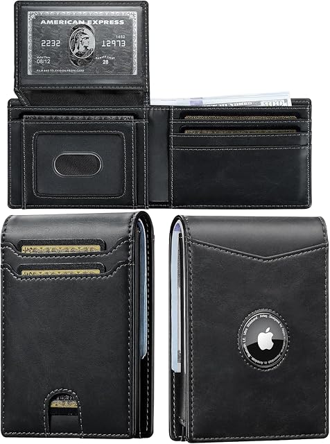 Portefeuille Slim avec porte-radar : Portefeuilles minimalistes avec 2 ID Fenêtre Air tag Wallet avec Poche en espèces - RFID Titulaire de carte de crédit en cuir - Cadeau pour le Père Maris Boyfriend à l'anniversaire pour homme